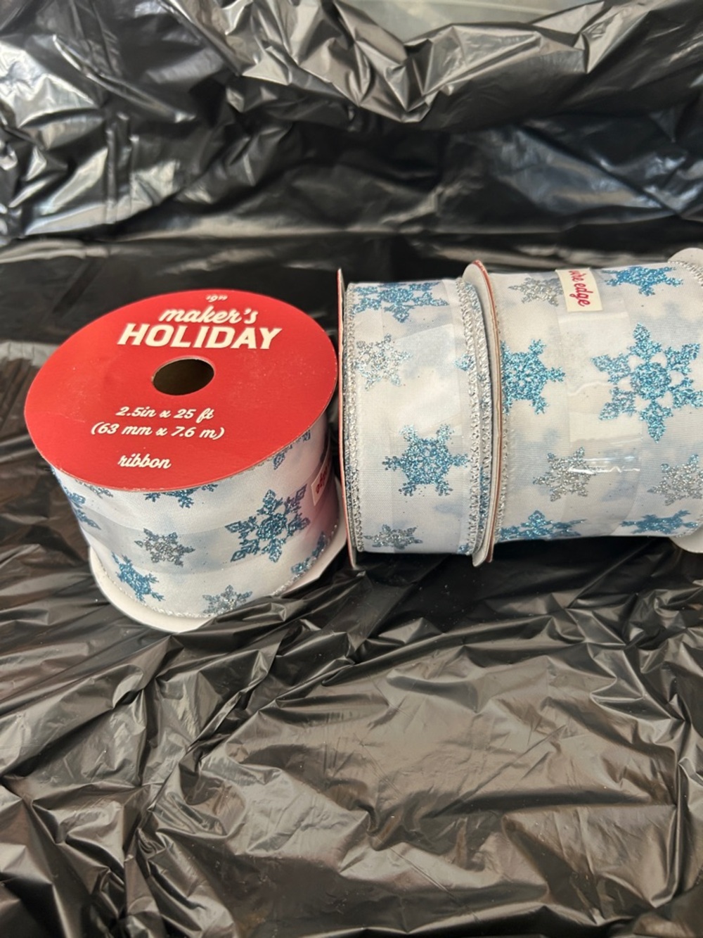 White Ribbon with Blue Glitter Snowflakes